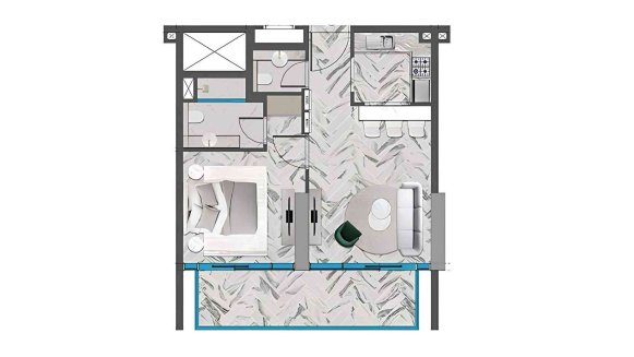 Apartment floor plan, 1 bedroom in RED SQUARE TOWER No. 11019 (2D)