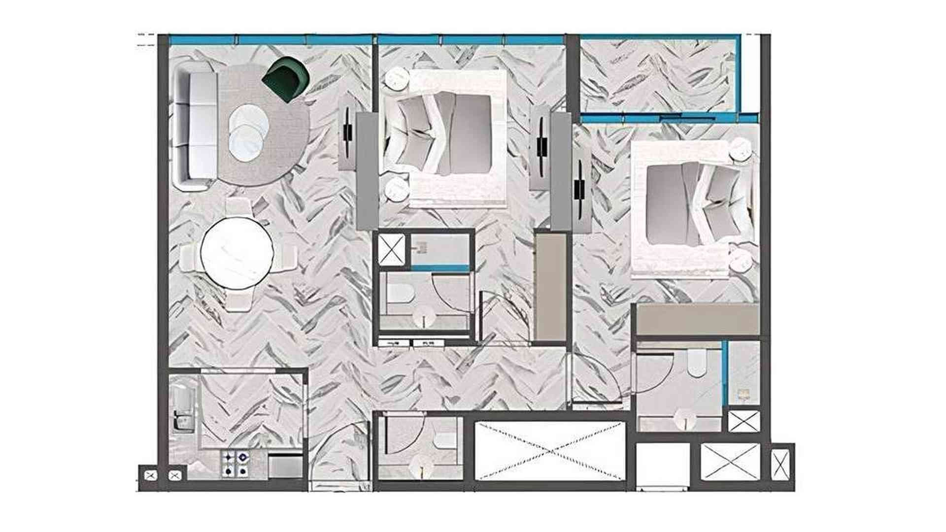 Apartment floor plan, 2 bedrooms in RED SQUARE TOWER No. 11002